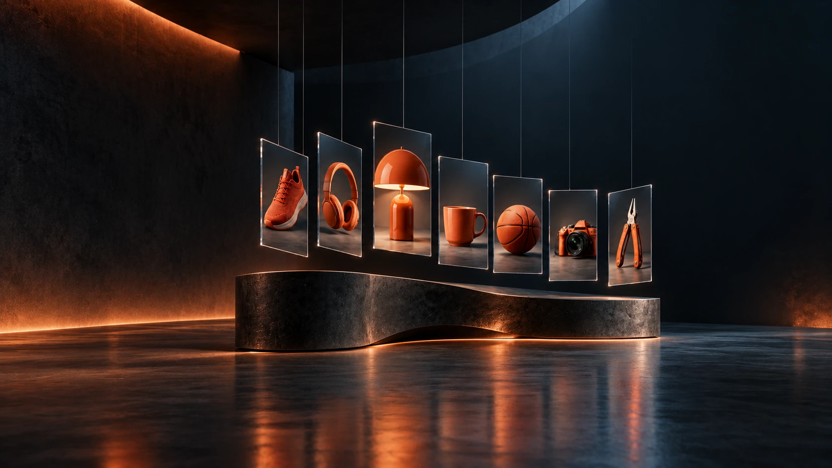 A collection of orange objects in a glass gallery.
